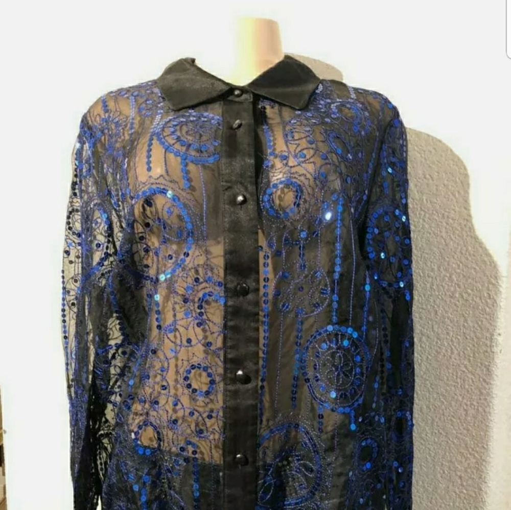 Bob Mackie Round Collar Women Sz L Shirt Long Sleev